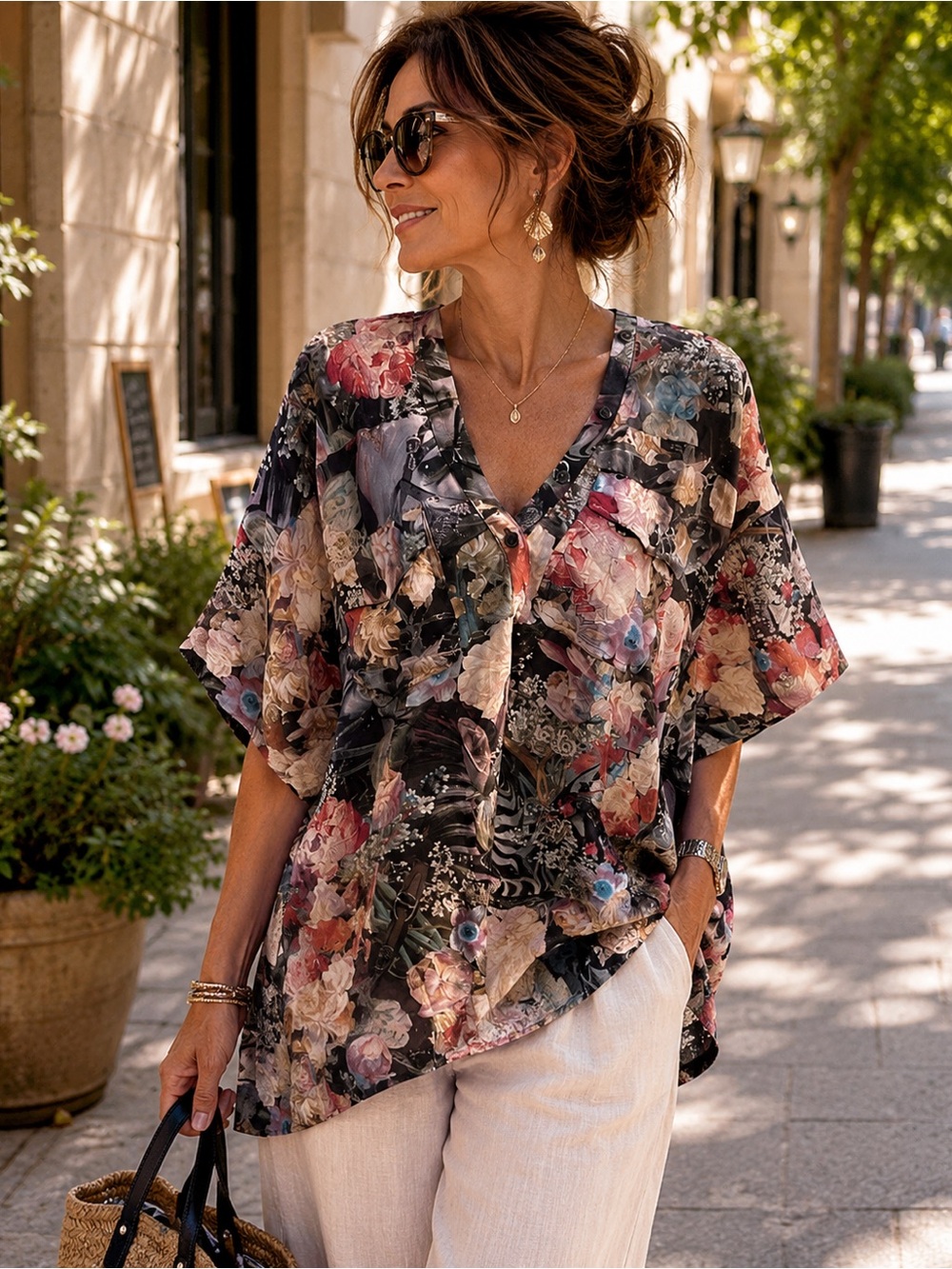 ALLSAINTs Floral V-Neck Short Sleeve silk tunic in Multi size 14
